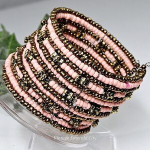 Golden Flowers & Coral Seeds Beaded Bracelet Spiral Coil Wire Retro Wrap Cuff